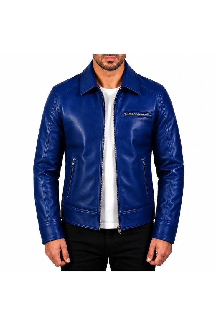 Men's blue leather biker jacket urban fashion lambskin coat