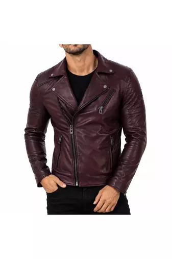 Men's biker leather burgundy jacket daily wear vintage style