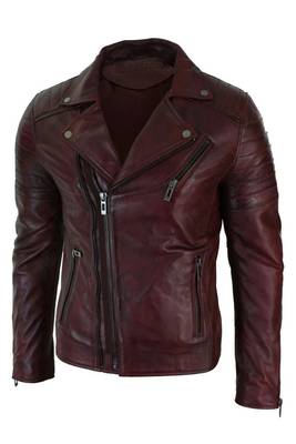 Men's biker leather burgundy jacket daily wear vintage style 2