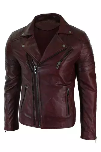 Men's biker leather burgundy jacket daily wear vintage style