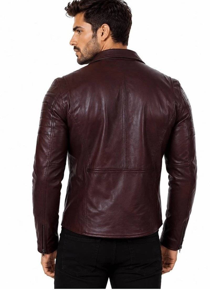 Men's biker leather burgundy jacket daily wear vintage style