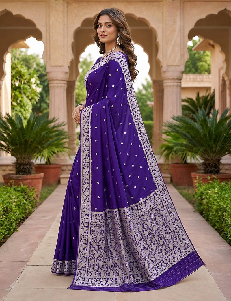 Purple soft silk blend saree with zari weaving meenakari design