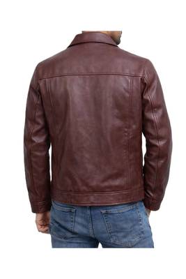 Men's burgundy leather signature look real lambskin jacket 2