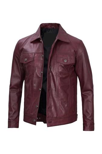 Men's burgundy leather trucker jacket classic design coat