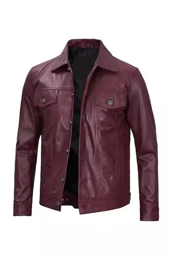Men's burgundy leather trucker jacket classic design coat