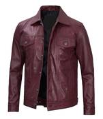 Men's burgundy leather trucker jacket classic design coat