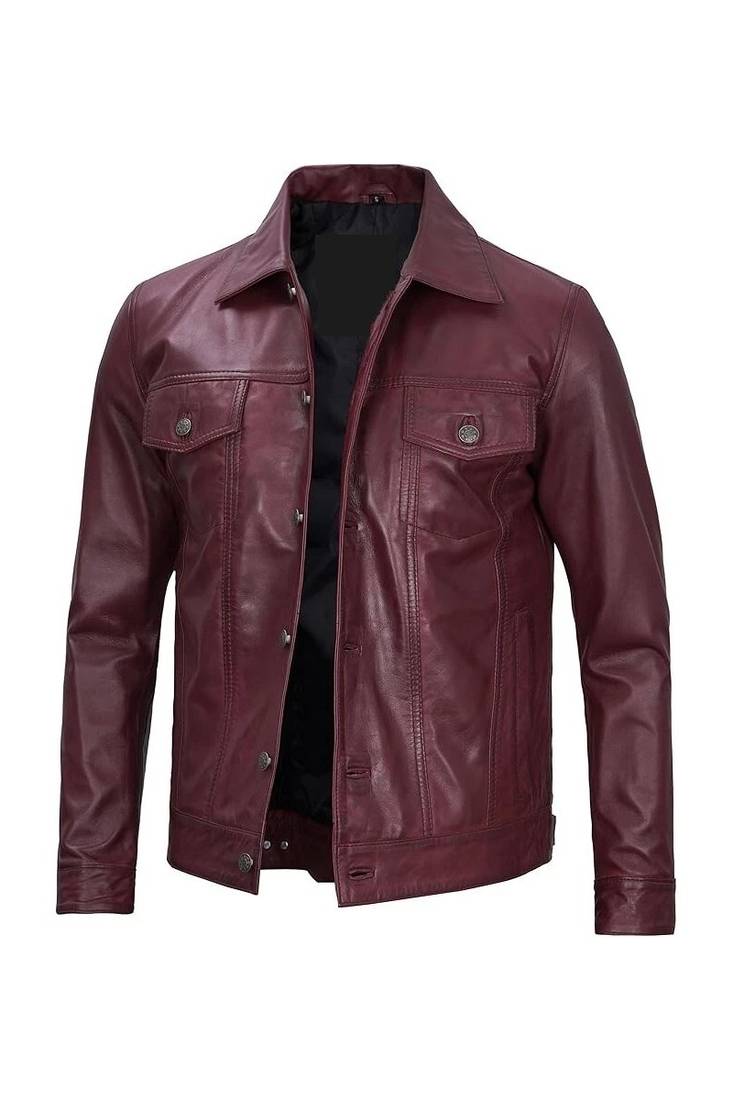 Men's burgundy leather trucker jacket classic design coat