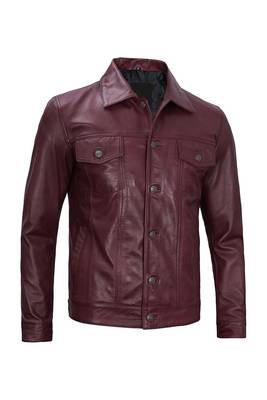 Men's burgundy leather trucker jacket classic design coat 2