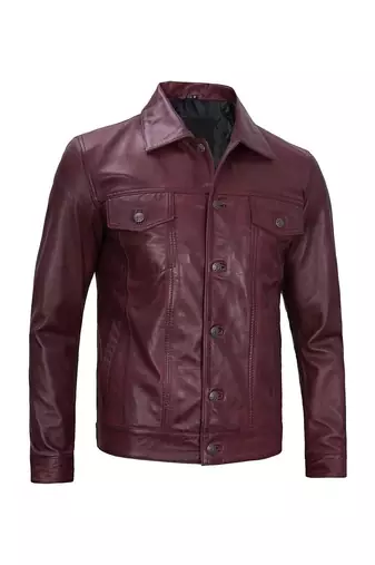 Men's burgundy leather trucker jacket classic design coat