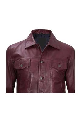 Men's burgundy leather trucker jacket classic design coat 3