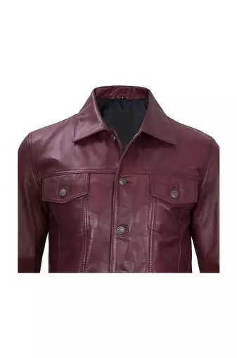 Men's burgundy leather trucker jacket classic design coat