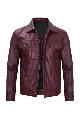 Men's burgundy leather trucker jacket classic design coat 4