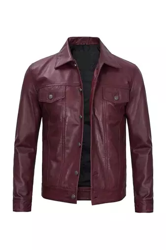 Men's burgundy leather trucker jacket classic design coat
