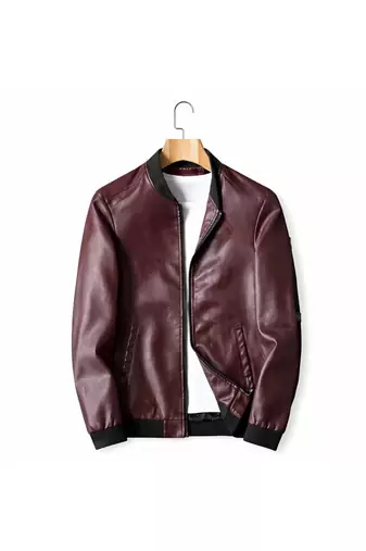 Men's burgundy leather premium finish lambskin bomber jacket
