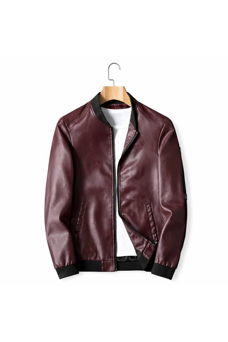 Men's burgundy leather premium finish lambskin bomber jacket