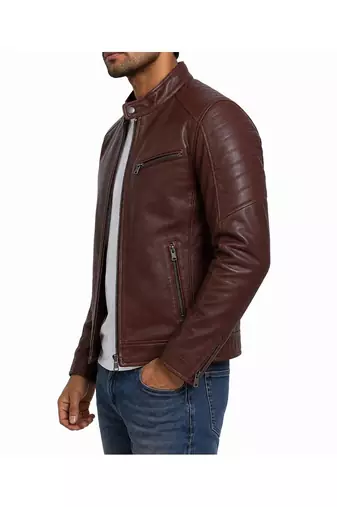 Men's burgundy leather fashion outerwear biker jacket
