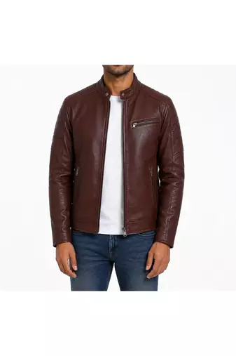 Men's burgundy leather fashion outerwear biker jacket
