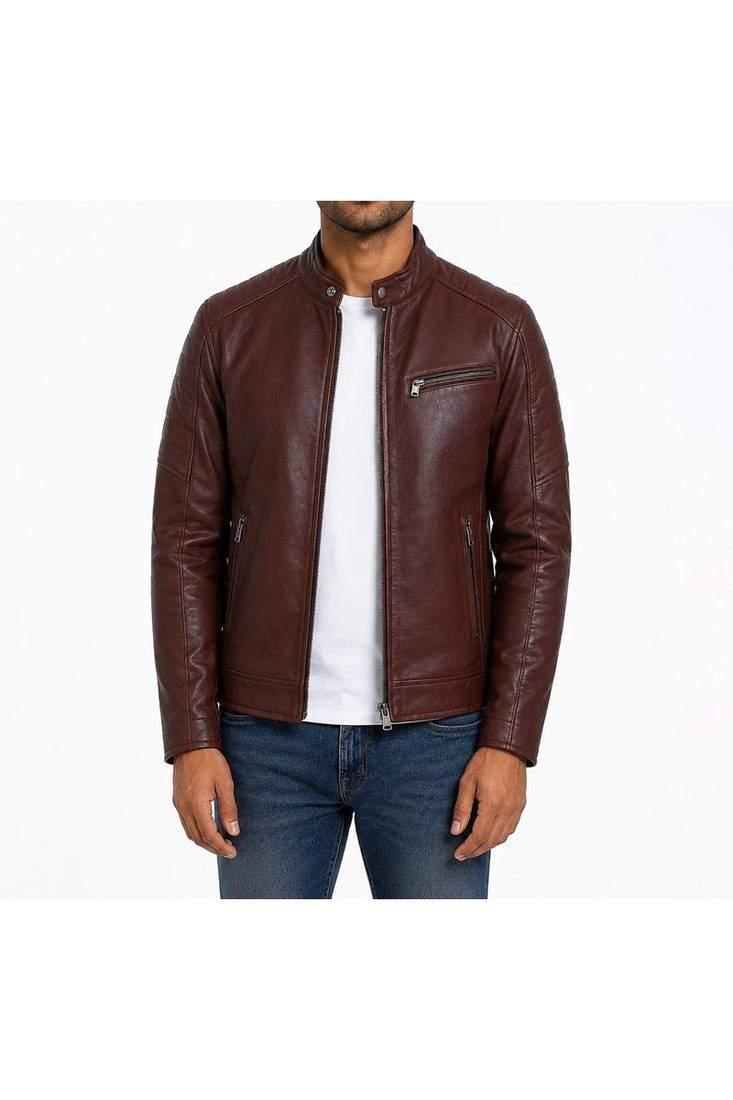 Men's burgundy leather fashion outerwear biker jacket