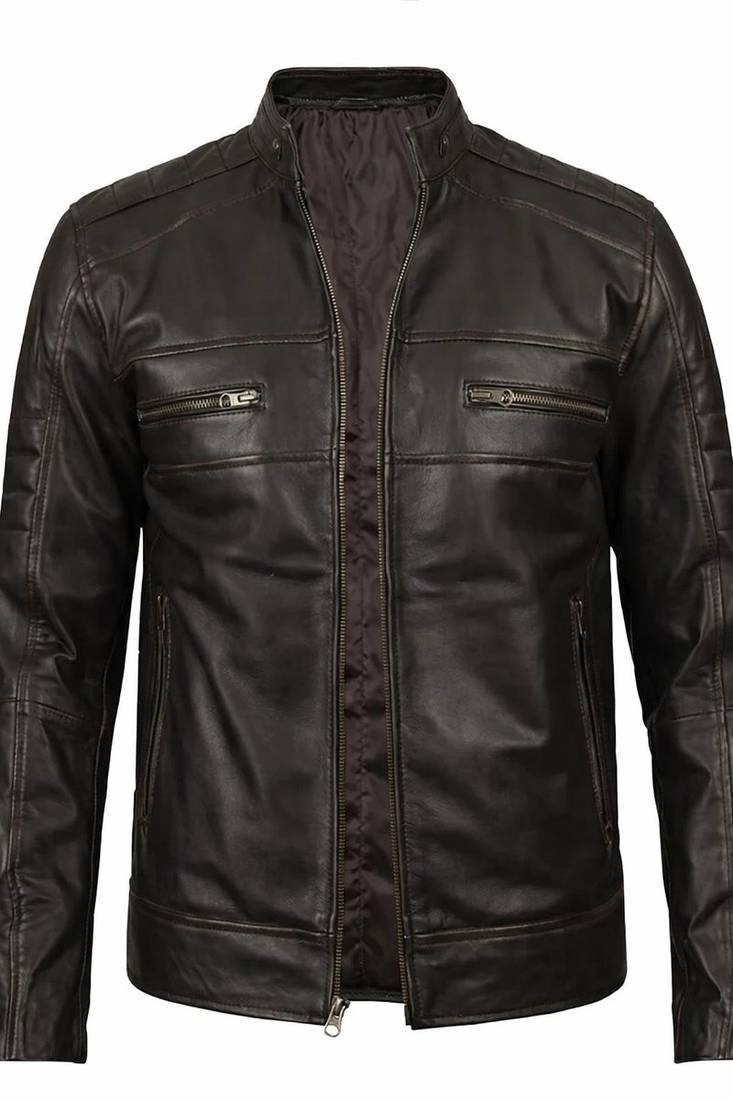 Men's brown leather jacket casual style vintage biker jacket