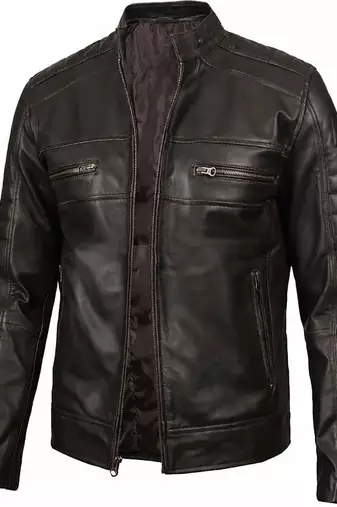 Men's brown leather jacket casual style vintage biker jacket