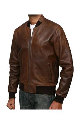 Men's brown lambskin leather vintage style bomber jacket 1