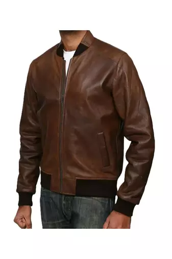 Men's brown lambskin leather vintage style bomber jacket