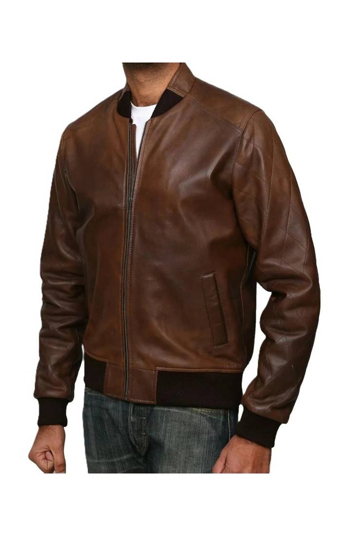 Men's brown lambskin leather vintage style bomber jacket