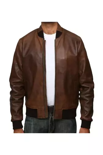 Men's brown lambskin leather vintage style bomber jacket