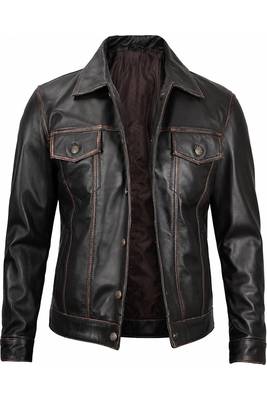 Men's brown leather trucker modern buttoned fit jacket 1