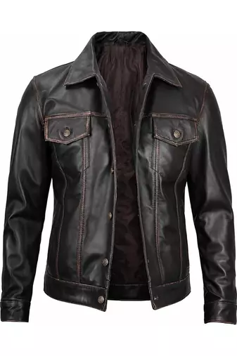 Men's brown leather trucker modern buttoned fit jacket