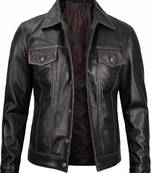 Men's brown leather trucker modern buttoned fit jacket