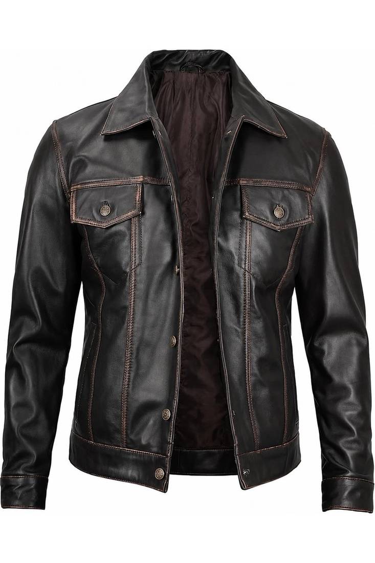 Men's brown leather trucker modern buttoned fit jacket