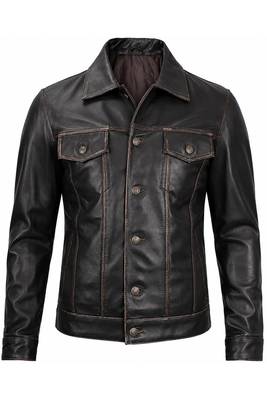 Men's brown leather trucker modern buttoned fit jacket 2