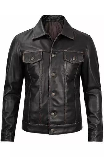 Men's brown leather trucker modern buttoned fit jacket