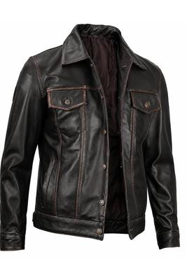 Men's brown leather trucker modern buttoned fit jacket 3