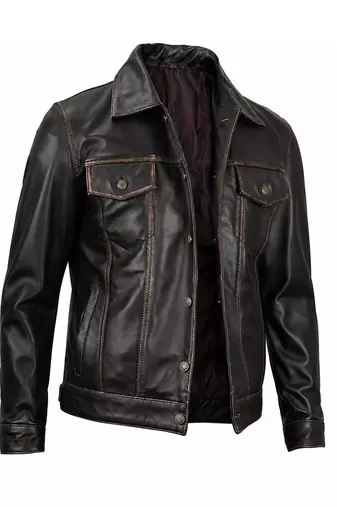 Men's brown leather trucker modern buttoned fit jacket