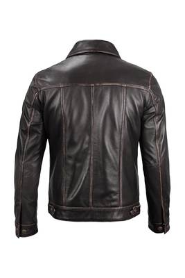 Men's brown leather trucker modern buttoned fit jacket 4