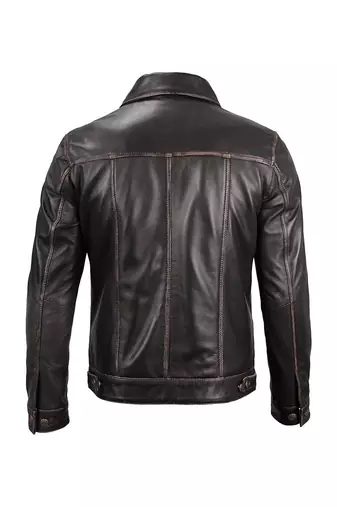 Men's brown leather trucker modern buttoned fit jacket