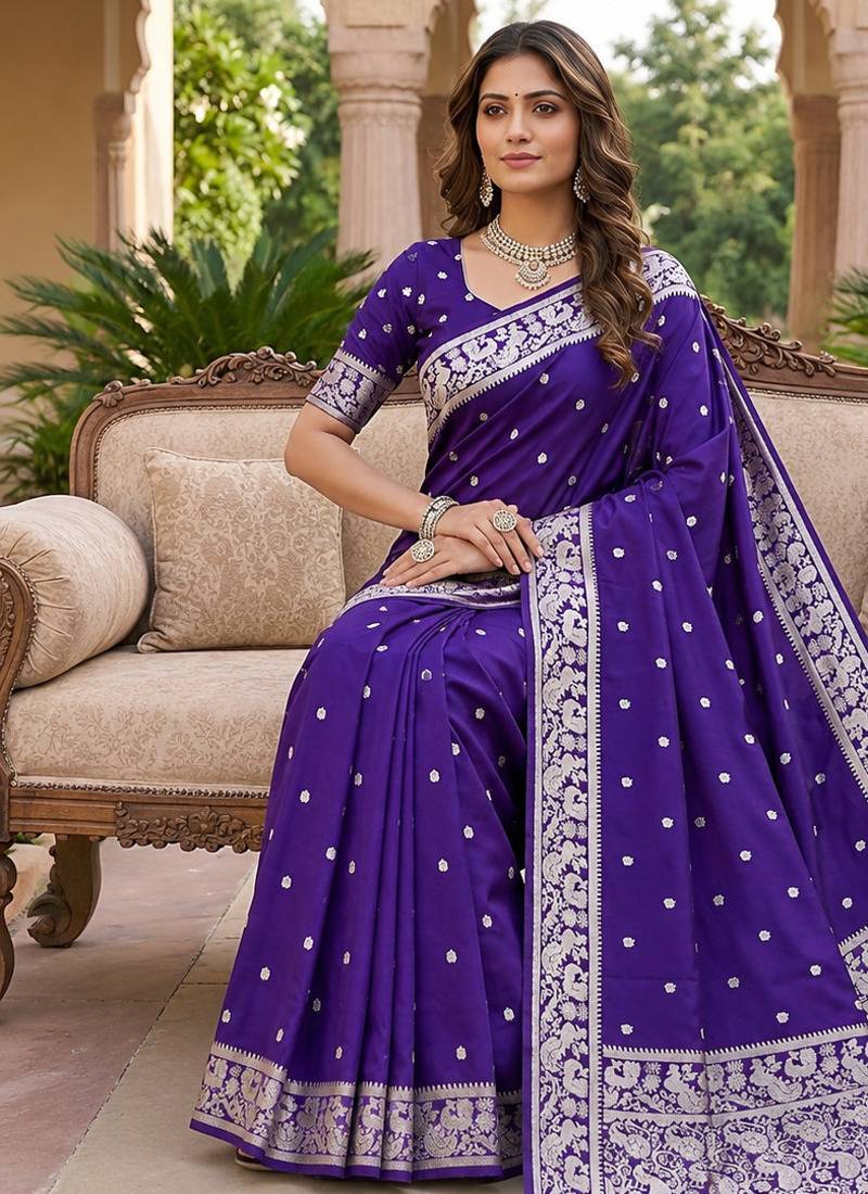 Purple soft silk blend saree with zari weaving meenakari design