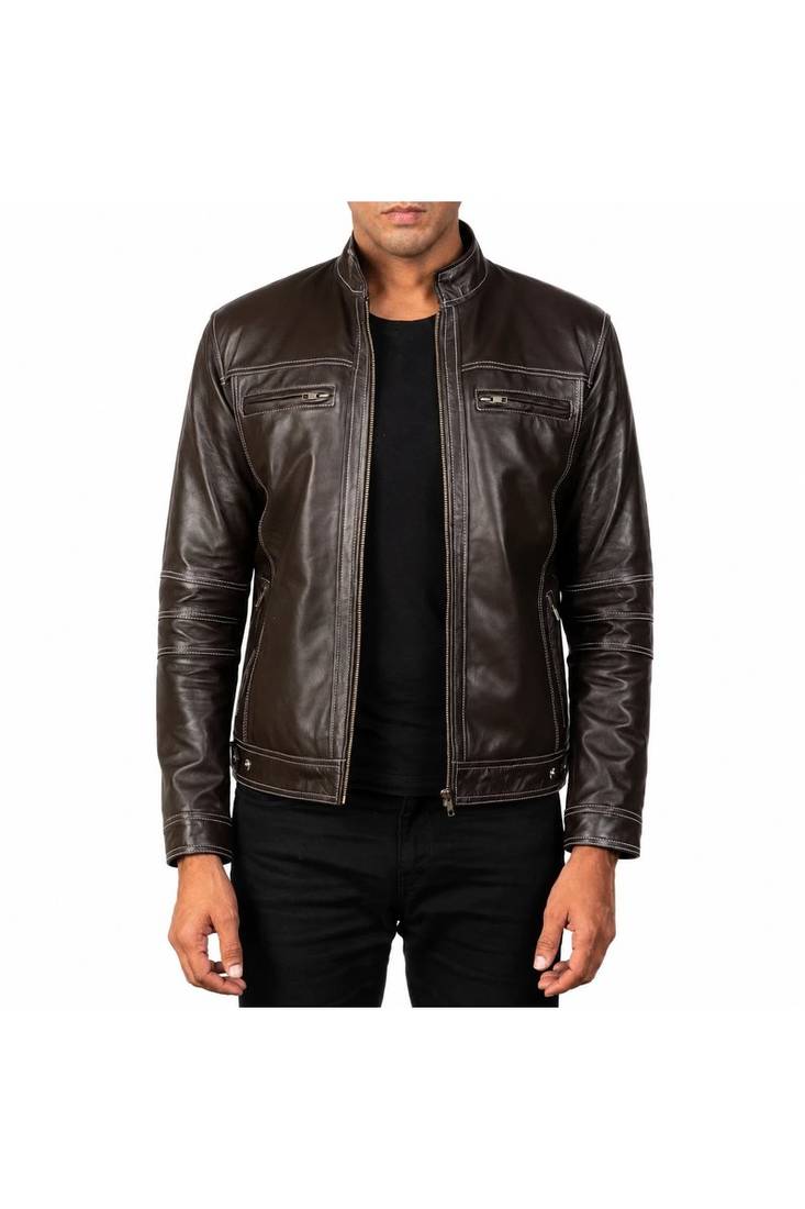 Men's brown leather tailored look real lambskin jacket