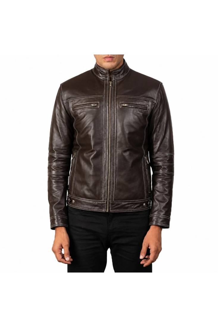 Men's brown leather tailored look real lambskin jacket