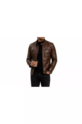 Men's brown lambskin leather street style biker jacket