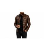 Men's brown lambskin leather street style biker jacket