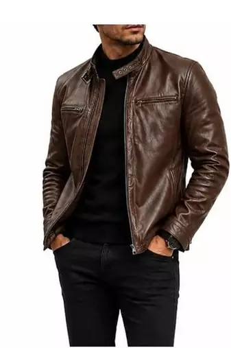 Men's brown lambskin leather street style biker jacket