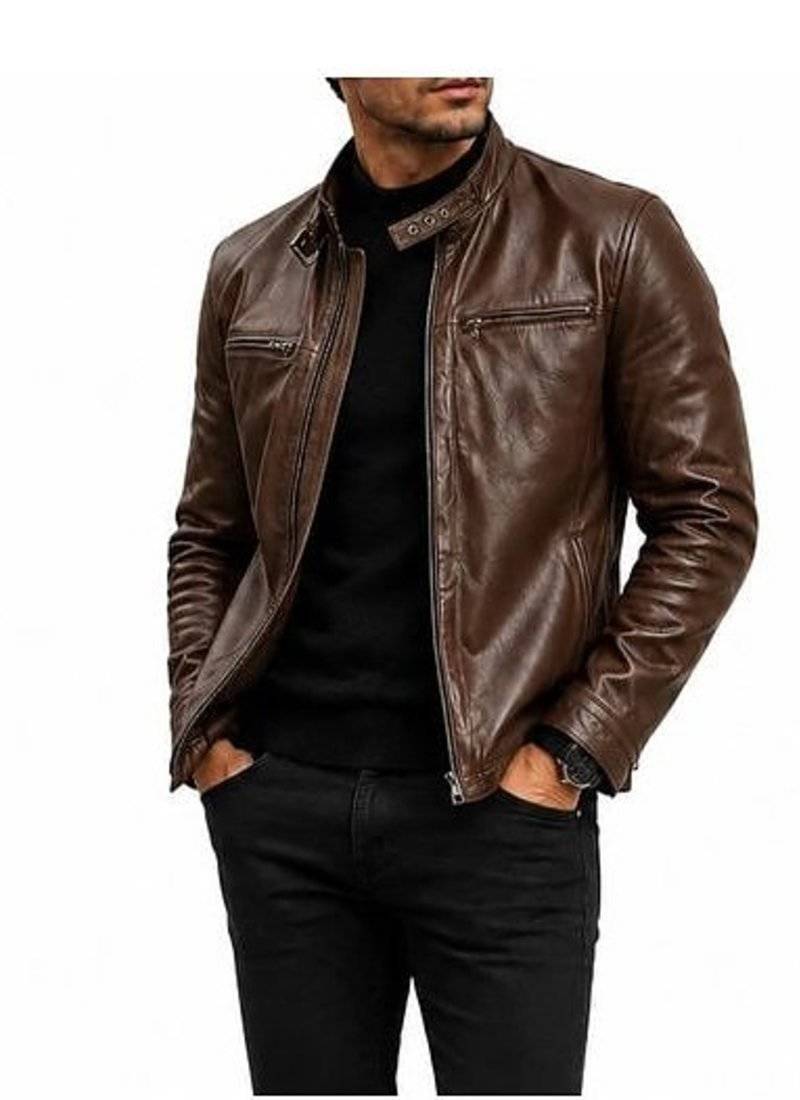 Men's brown lambskin leather street style biker jacket