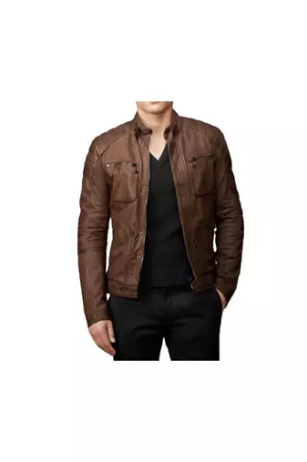 Men's biker timeless style brown lambskin leather jacket