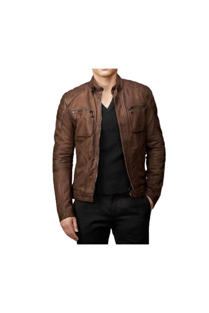 Men's biker timeless style brown lambskin leather jacket
