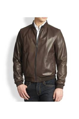 Men's brown lambskin leather motorcycle bomber jacket 1