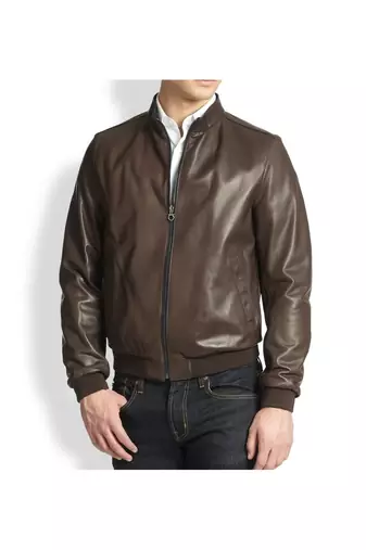 Men's brown lambskin leather motorcycle bomber jacket