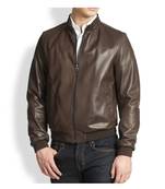 Men's brown lambskin leather motorcycle bomber jacket
